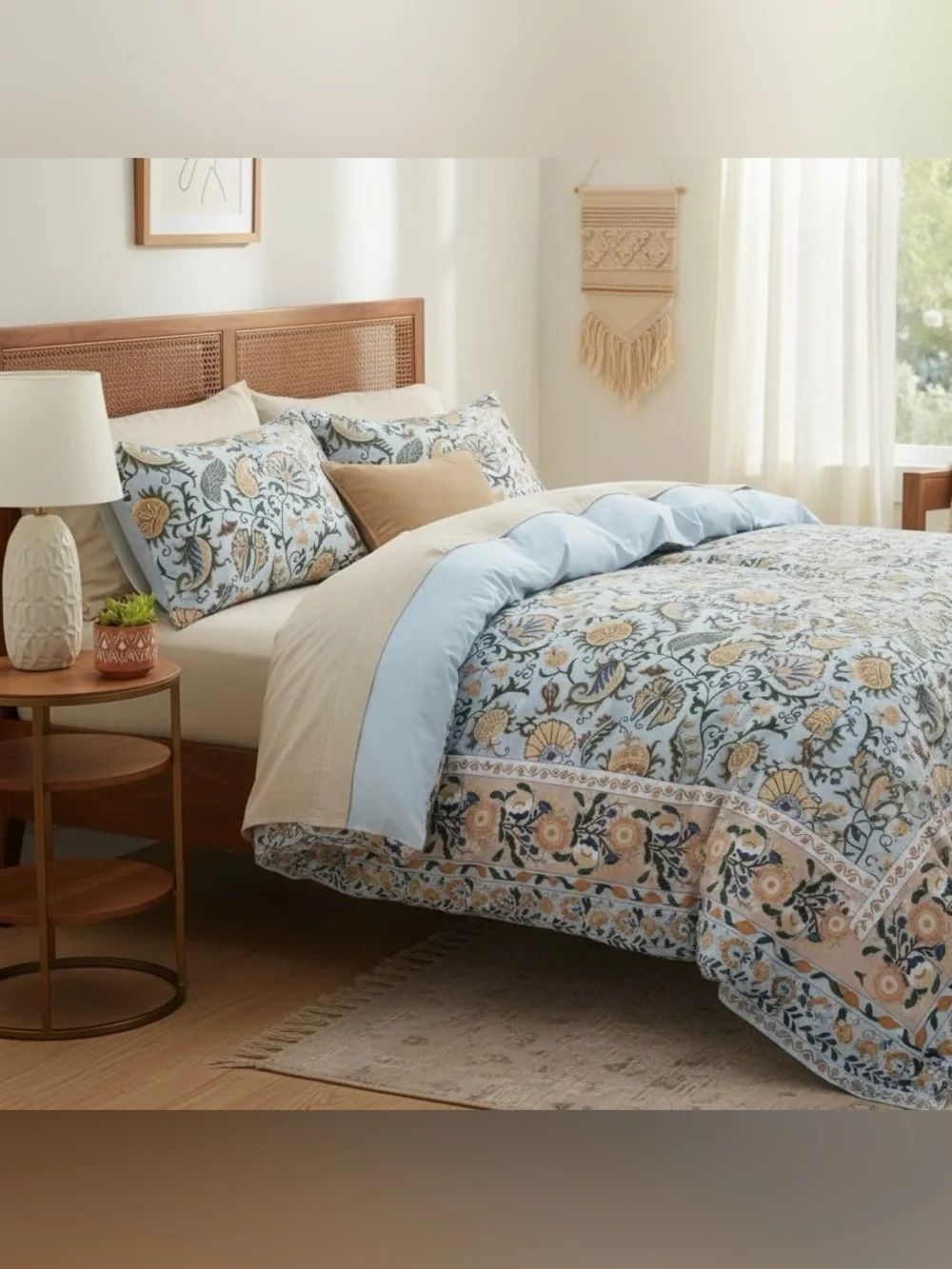 NEW Anthropologie Blue Floral Boho Cotton Queen / King Bedding Duvet & Sham Set